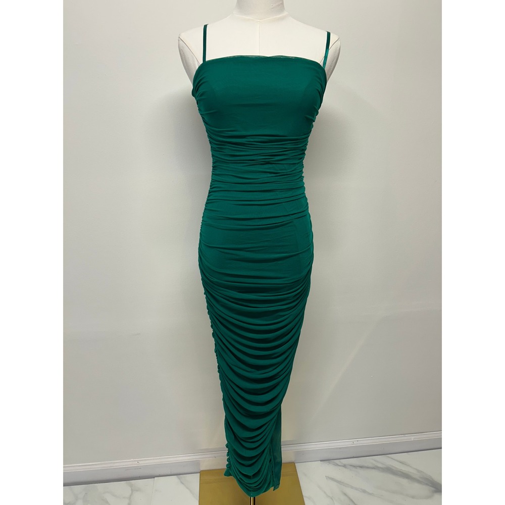 Privy Emerald Green Ruched Midi Dress Bodycon Medium Formal Autumn Wedding Guest
